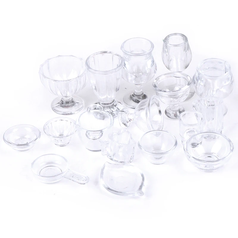 17pcs//Set Mini Transparent Drink Cups Dish Plate Tableware Miniatures DIY Toy