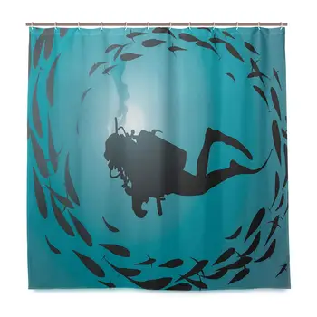 

Unique Shower Curtain Diver Surrounded with Jamb of Fishes Scuba Snorkel Aqualung Water Sports Eco-Friendly with 12 Hooks in