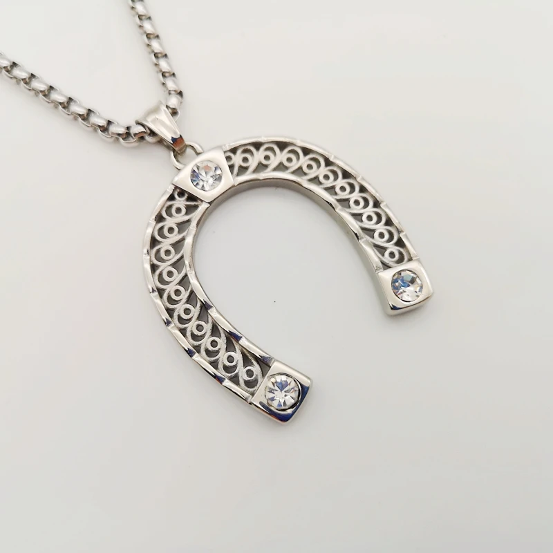 

New arrival Gold/silver color Stainless steel cz stones horseshoe pendant necklace U-shaped charm necklace jewelry creative