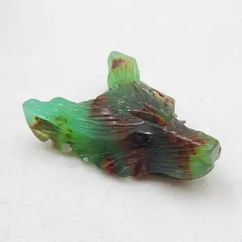 

Natural stone Chrysoprase Carved wolf head Pendants Beads ,Semiprecious stone jewelry 52x49x17mm，32g