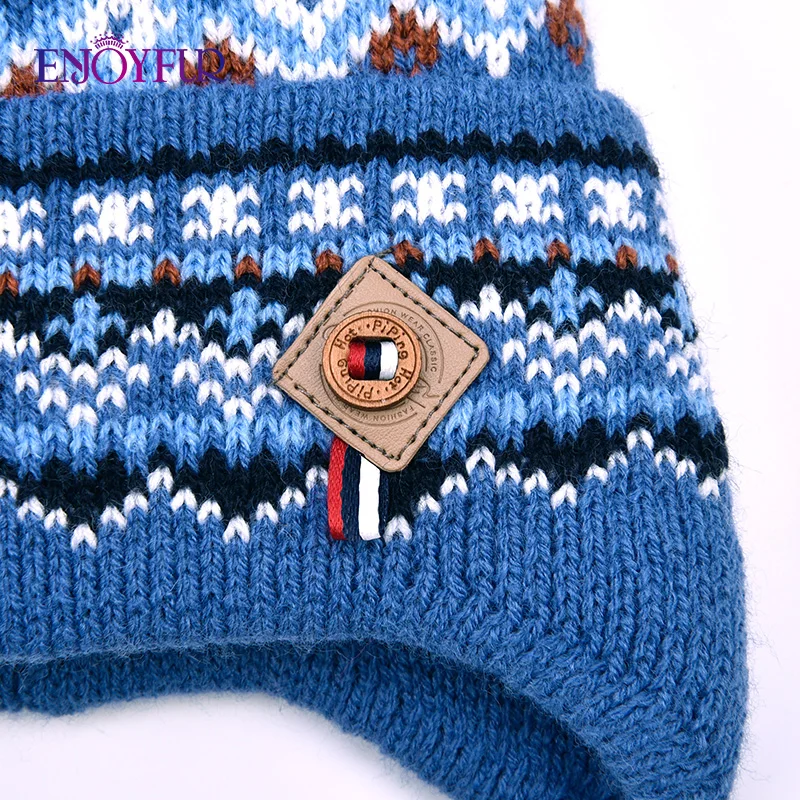 Теплая вязаная шапка для мальчиков ENJOYFUR, детская плотная хлопковая шапка-ушанка с геометрическим узором и помпоном из натурального лисьего меха, для зимы