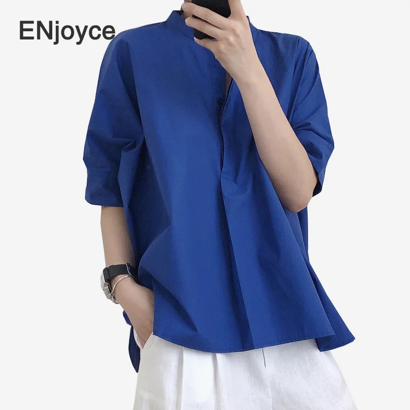 

Women Blue Casual Loose Half Sleeve Shirts Ladies Stand Collar Vintage Solid Color Single Breasted Cotton Blouses Tops Summer
