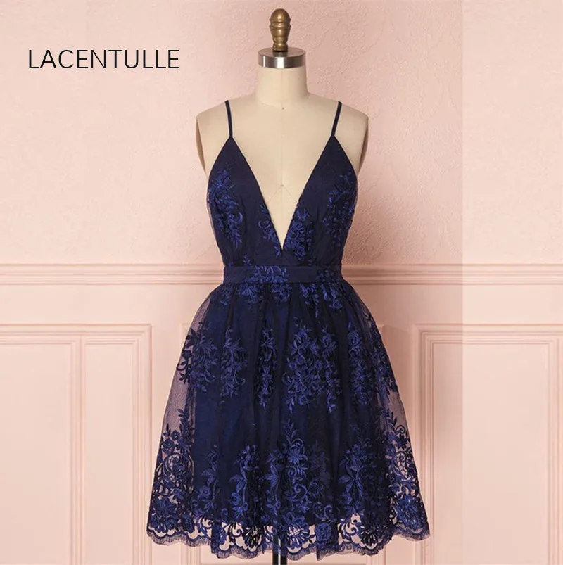 

V Neck Short Hoco Party Dress with Criss-cross Back