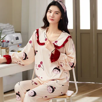 

2020 Women's pajamas 2pcs Long Sleeve Tops + Full Pants pijamas set Cotton Sleepwear Suit Home suit for women nightwear Freeship