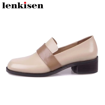 

Lenkisen big size full grain leather round toe med heel fashion shoes women European design deep mouth slip on leisure pumps L10