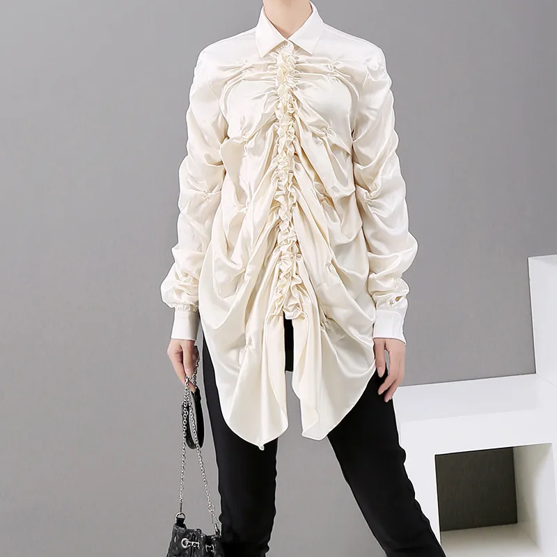 

[YaLee] New Fashion 2019 Summer Autumn Simple Lapel Long Sleeve Single Breasted Pleated Irregular Loose Blouse Shirt Women N110
