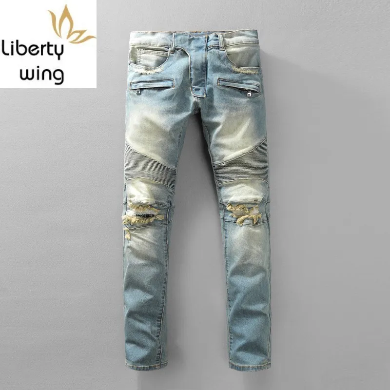 

European Style Biker High Street Mens Hole Ripped Jeans Vintage Washed Skinny Denim Pants Men Plus Size Zippers Casual