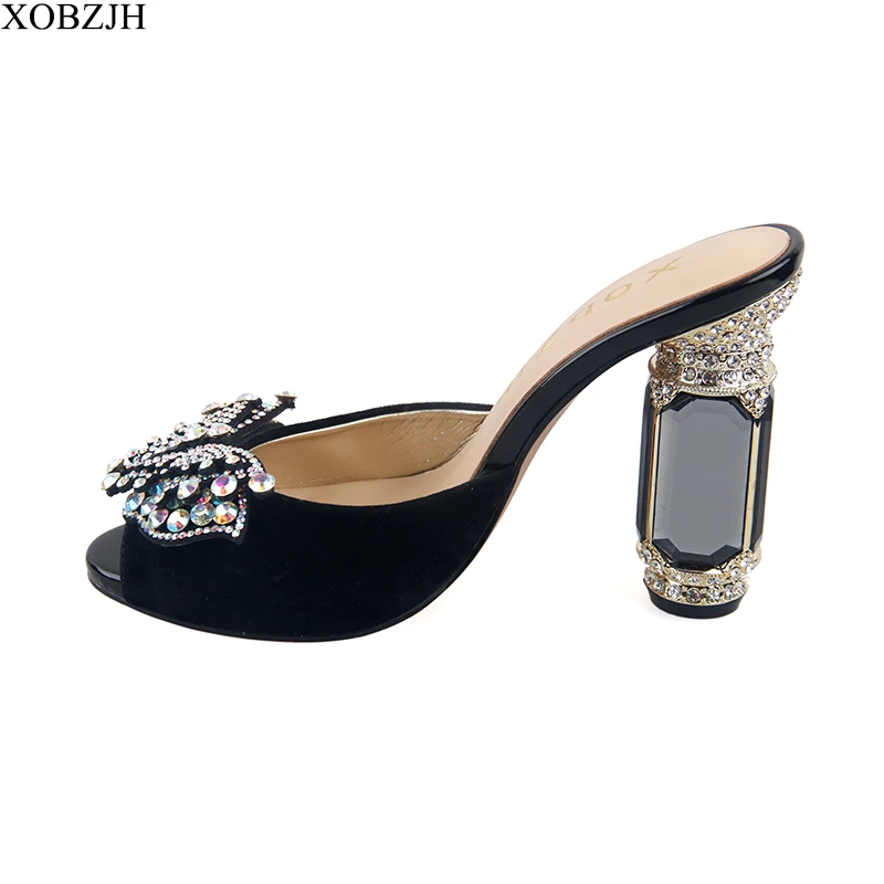 

High Heels Sandals Women Wedding Shoes 2019 New Ladies Luxury Leather Rhinestone Summer Sandals block heel Shoes Woman Open Toe