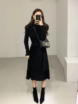 

2019 Korean sweater women over the knee pleated dress pure color long sleeve knitted sweater fake two long base sweater dress