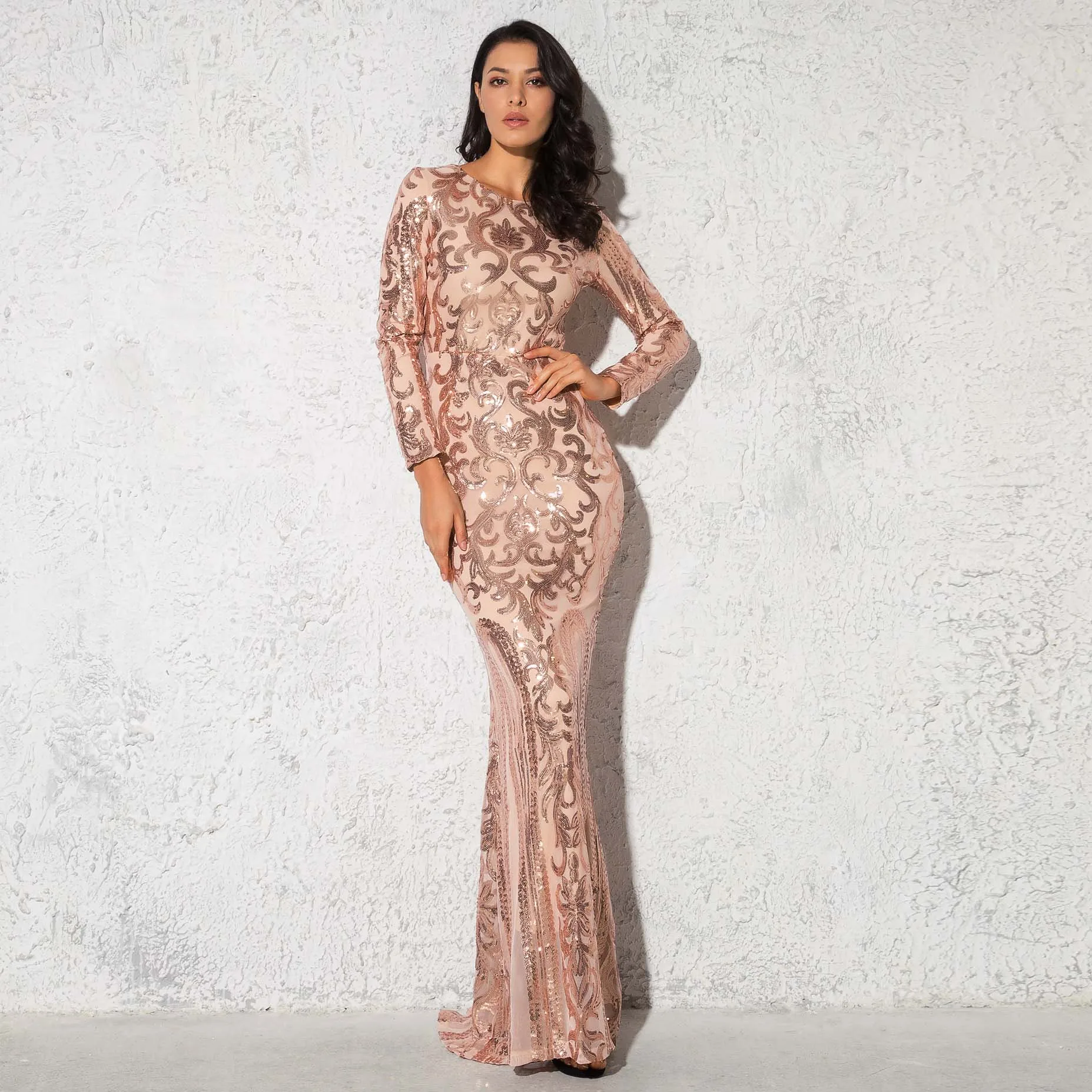 

Stretchy Full Sleeved Maxi Dress Geometric Sequined Bodycon Party Dress O Neck Back Zipper Floor Length Dress