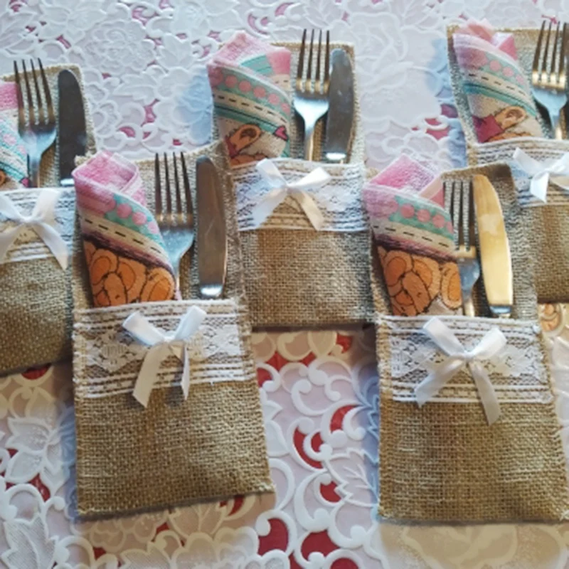 ELEG-50Pcs джутовая Мешковина, кружевной мешочек для столовых приборов, свадебные столовые приборы, вечерние принадлежности для украшения, сумка для хранения вилок и ножей, украшение стола