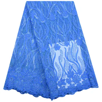 

2019 Fairy Blue Milk Silk Lace Fabrics High Quality French Net Lace With Rhinestones African Tulle Lace Fabrics 1535