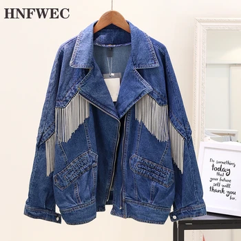 

2019 Autumn New Casual Fashion Temperament Female Loose Plus Long Sleeve Chain Tassel Denim Jacket Tops Z614