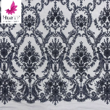 

2020 African blue Lace High End Heavy Net France Lace Fabric With Beads High Quality African Handmade Beads French Lace