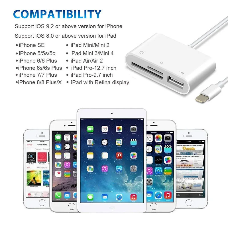 3 в 1 OTG USB адаптер для камеры lightning к SD TF кардридер комплект iphone ipad apple ios 13 камера