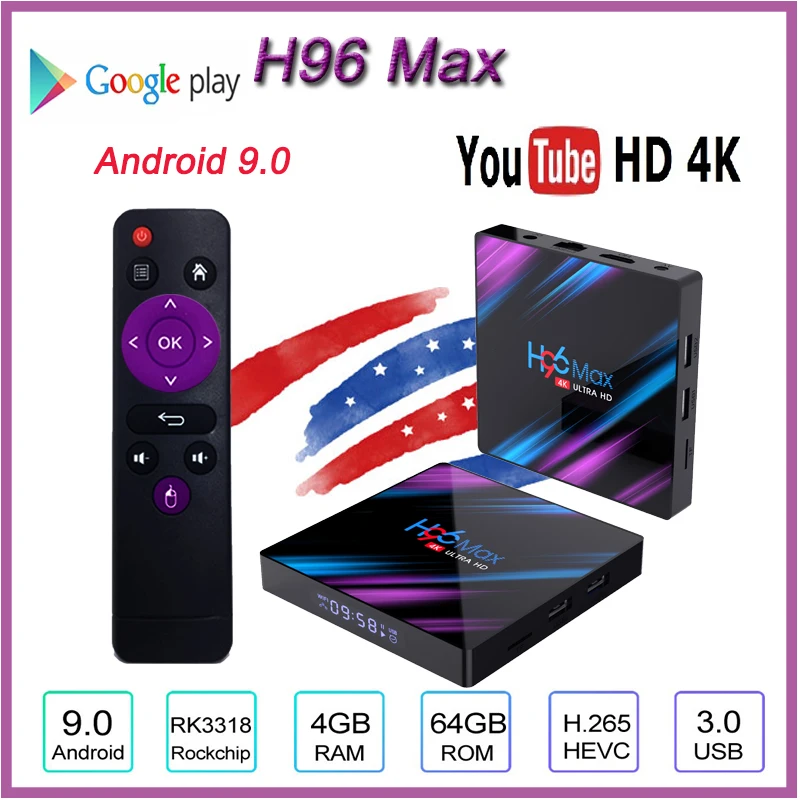 

H96 Max 3318 Android 9.0 TV Box 2.4G/5G Wifi RK3318 Quad Core BT4.0 Spain Smart Tv Box 4G 64G smart Media Player Android TV box