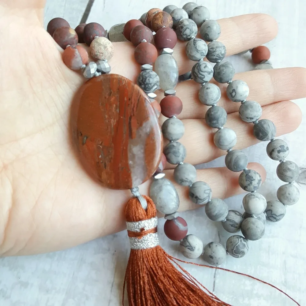 LiiJi Уникальный Матовый серый Crazy Agates красные яшмы кулон кисточкой Богемия длинные ручной работы цепочки и ожерелья Йога