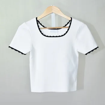 

Women Sweater 2019 Spring and Summer New Striped Short-sleeved Low-neck Sweater