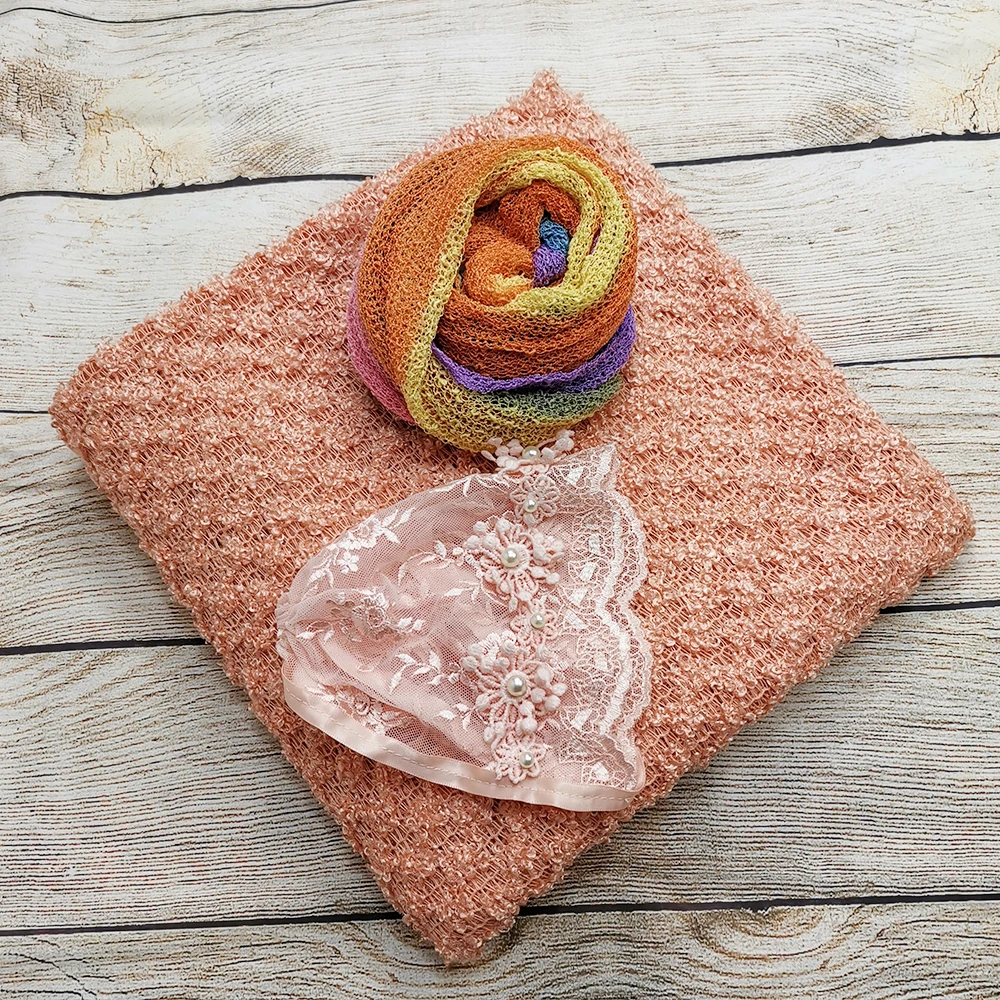 

A Set Clearance 150*100cm Knit Thin Fabric Backdrop Blanket,Stretch Rainbow Wrap,Handcraft Girl Lace Bonnet for Newborn Shooting