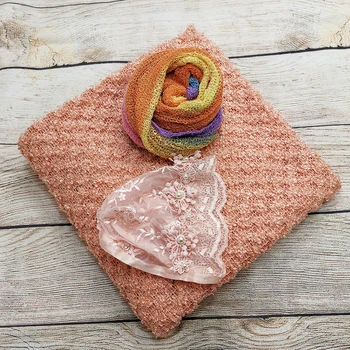 

Clearance 150*100cm Knitted Thin Fabric Backdrop Blanket+Stretch Knit wrap+Handcraft Vintage Gril Lace Hat for Newborn Shooting