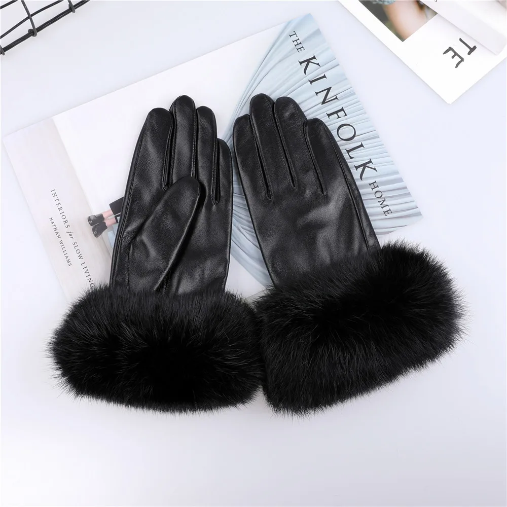 New Arrival Wholesale Women's Real Sheepskin Leather Gloves With Rabbit Fur Cuffs Female Cycling Warm gloves Fleece Lining