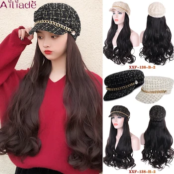 

AILIADE Women Wig Hat Black Brown Big Long Wavy Hair Checked Navy Hat Wig All-in-one High Temperature Synthetic wig Cap