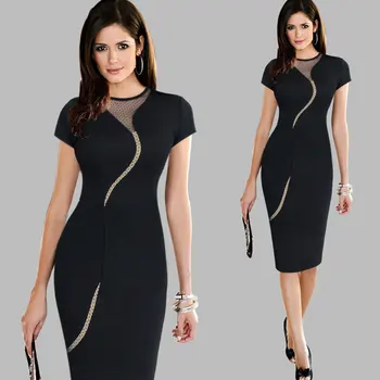 

Women Vintage Wear to Work Elegant Knee Length vestidos Business Party Bodycon Sheath Office Ruffle Ladies Black Mesh Dress Suit