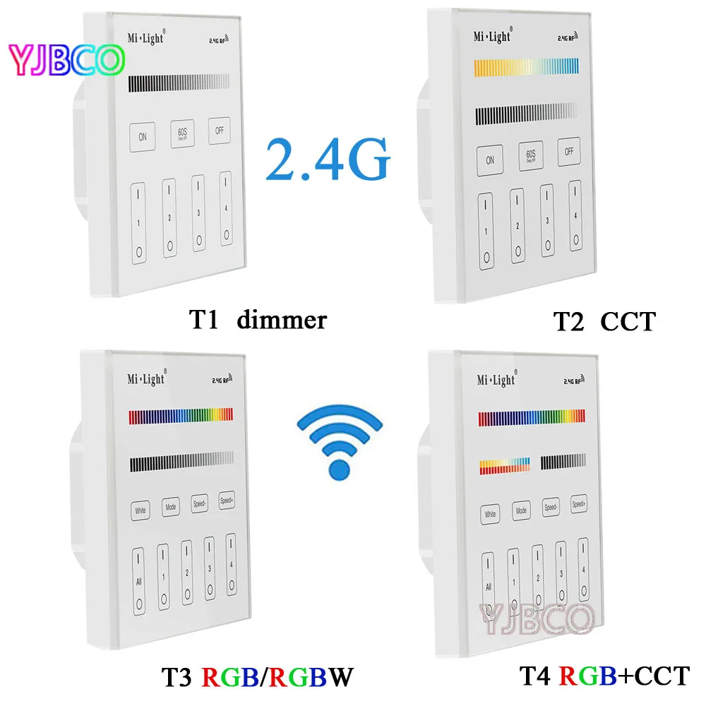 

Mi light 2.4G T1/T2/T3/T4 4-Zone Smart Touch Panel led Dimmer Controller for RGB/RGBW/CCT Brightness led strip,AC220V