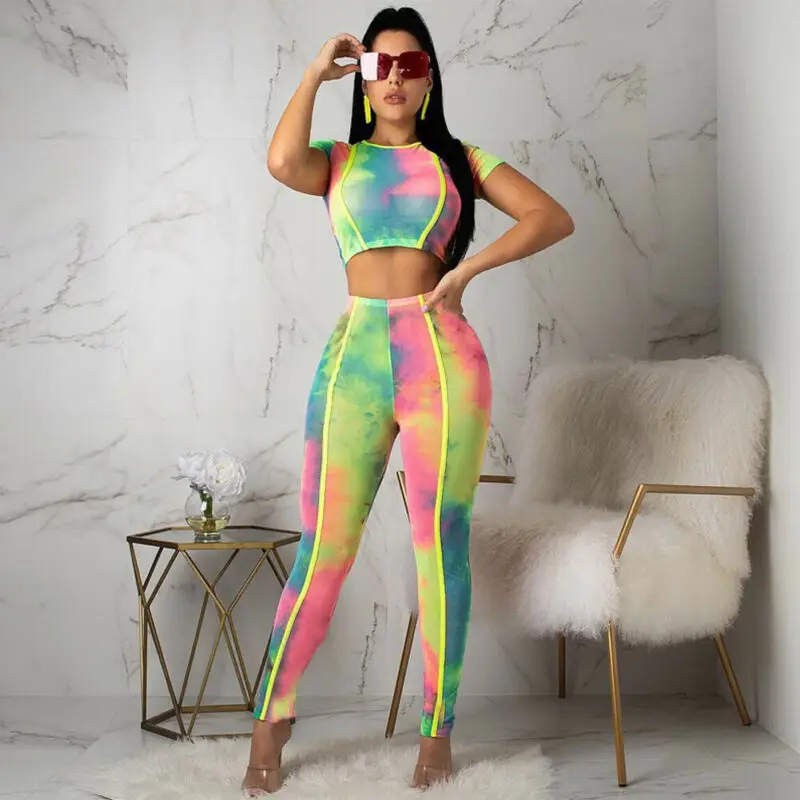 

2pcs Rainbow Tie-dyeing Print Yellow Stripes Women New Outfits Stretchy Short Sleeve Crop Tops High Waist Long Pencil Pants Sets