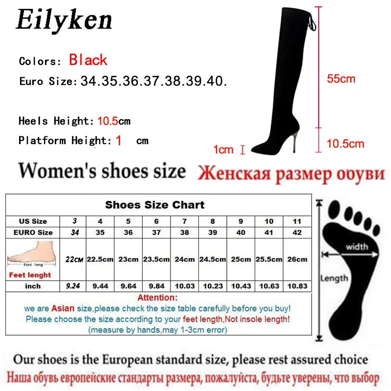 Eilyken/женские ботфорты выше колена из флока; ботинки с острым носком на высоком тонком каблуке; женская обувь черного цвета; Новинка года; сезон зима