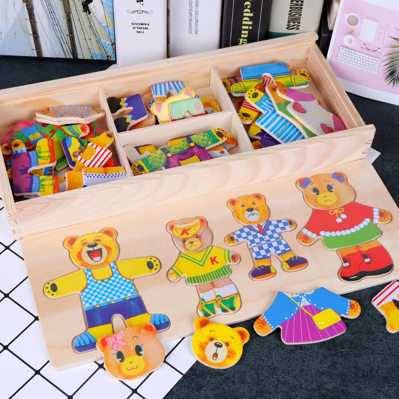 Комплект детских игрушек Детская развивающая настольная игра медведь меняющая одежда туалетный пазл деревянные пазлы деревянная игрушка для детей