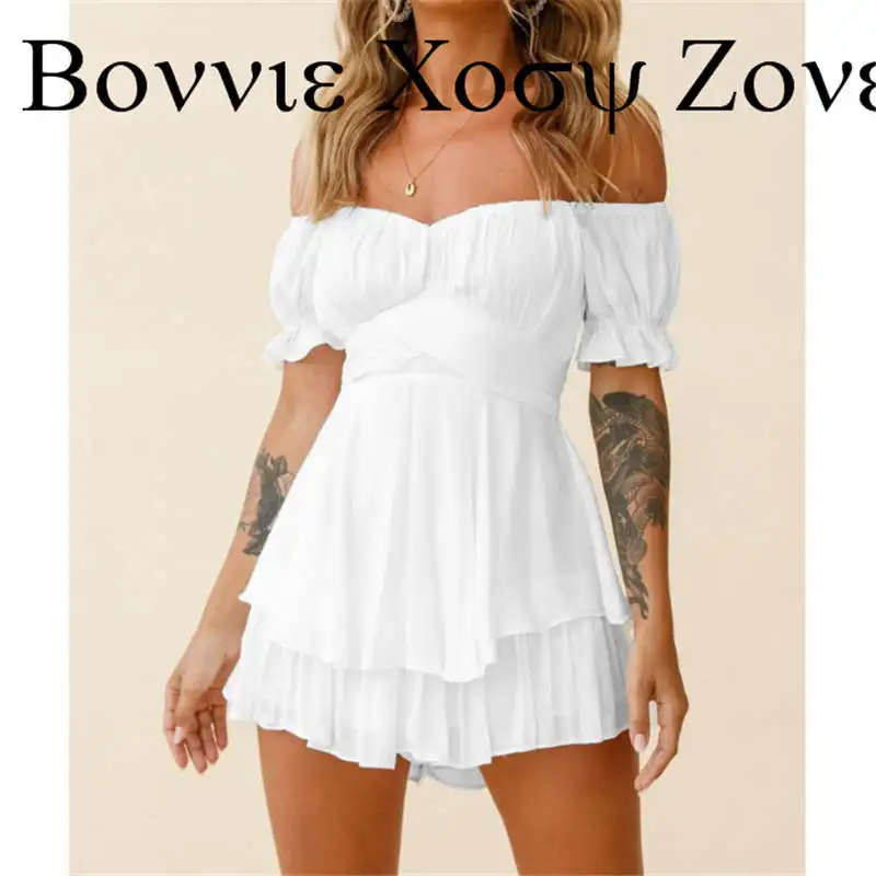 

Summer Women Solid Color Off Shoulder Ruffle Hem Short Sleeve Rompers