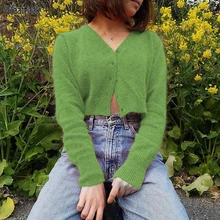 Waatfaak зеленый свитер и кардиганы для женщин, повседневный вязаный свитер с длинным рукавом, v-образный вырез, пуговицы, высокий уличный укороченный топ, свитер для женщин