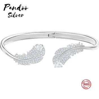 

PANDOO Fashion Charm Silver Plated Original 1:1 Copy, Light Feather Fashion Wild Open Bracelet Female Luxury Jewelry Gifts
