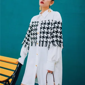 Image 3 - LANMREM Stitching Lattice Tassel Long Sleeve Lapel Plus Woman Dress Casual Simple Fashion 2020 summer chiffon shirt TV540