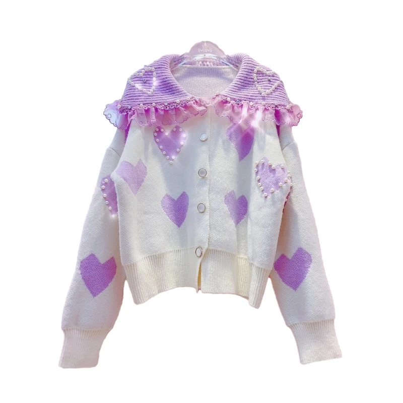 

Kawaii Heart Cardigans Women Knitted Sweaters Pink Winter Clothes Korean Cute Sweet Lace Beading Loose Jacket Female Purple Coat