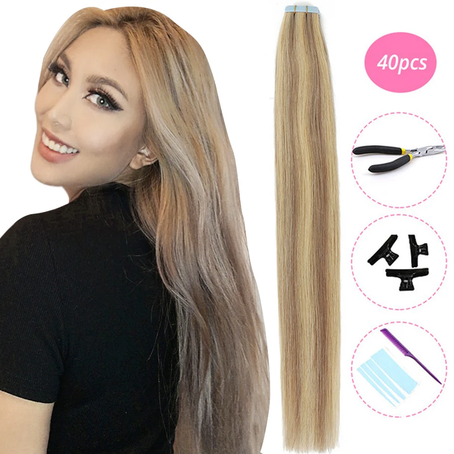 

MRSHAIR Tape in Non-remy Human Hair Adhesive Extension Machine Made Seamless Skin Weft Double Side Tape Made Straight Hair 40pc