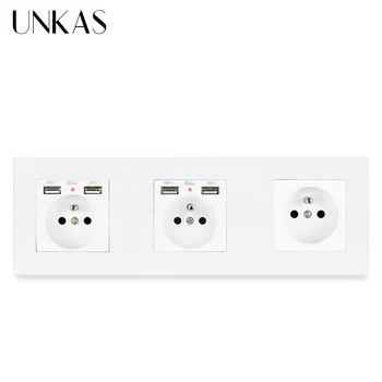 

UNKAS 3 Gang PC French Standard Wall Socket With 2 USB Charging Port + 1 Gang French Socket Plastic Panel 258*86mm