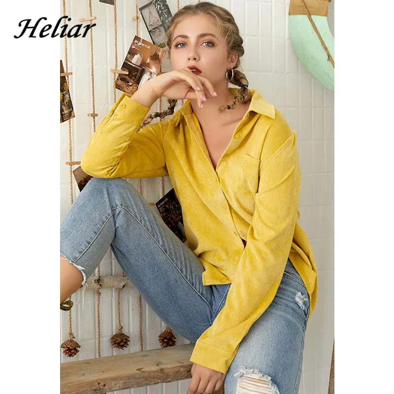 

HELIAR Yellow Buttoned up Strip Blouse Summer V-Neck Fashion Long Sleeve Shirt High Street Shirt Female OL Blouse With Pockets