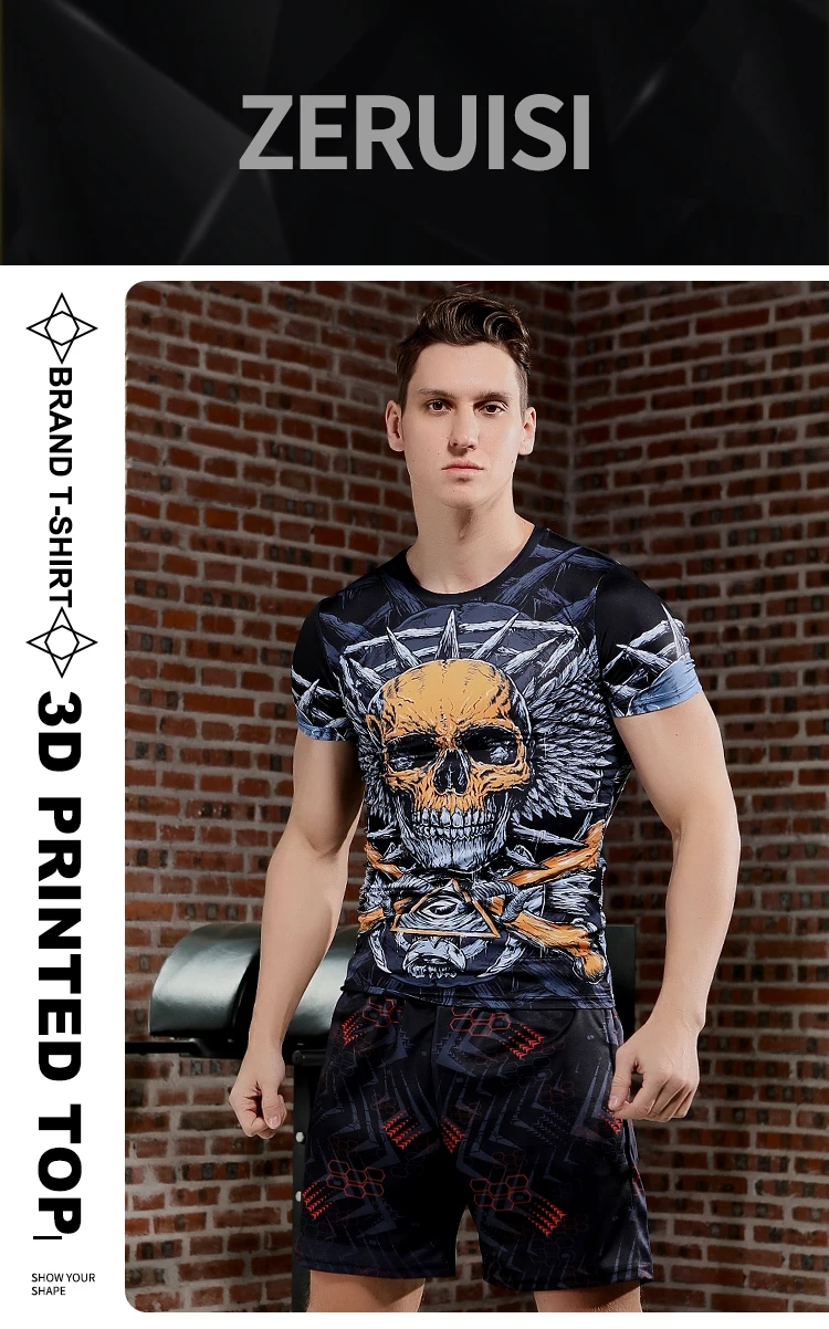 Herren-Kompressionsshirt mit Skelett-Grafikdruck, Fitnessbekleidung für Sporttraining – Detail 1
