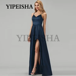 Simple V-Neck Front High Split Evening Dress Backless Spaghetti Strap A-Line Prom Party Gown robes de soirée vestidos de fiesta