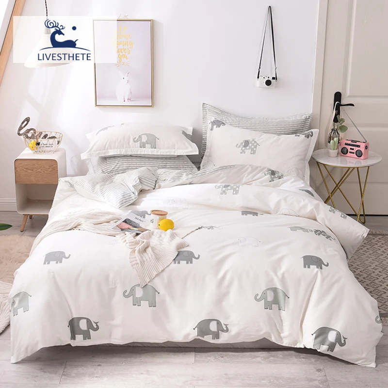 

Liv-Esthete Cartoon Cute Elephant 100% Cotton Bedding Set Soft Duvet Cover Flat Sheet Double Queen King Bed Linen Set Pillowcase