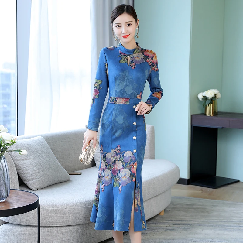 

New Women Dress Spring Autumn Vintage Stand Collar Long Sleeve Party Dress Slim Floral Printed Bodycon Dresses Vestidos