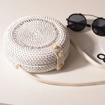 

Rattan INS, butterfly, Baosen series, RETRO art, hand-made white small circle, hollow woven bag, PU belt