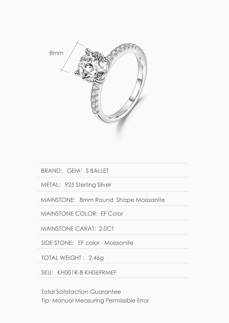 GEM'S BALLET 2.0Ct 8 мм круглый комплект с солитером, свадебное кольцо для невесты, 925 пробы Серебряное кольцо с муассанитом для женщин, ювелирное изделие