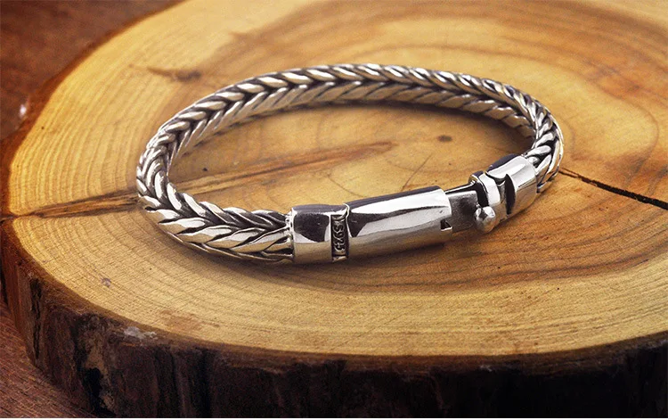 2021 New Real Pure S925 Silver Hand-woven Trendy Thick Keel Man Bracelet Vintage Lettering and Personalized Boyfriend Gift