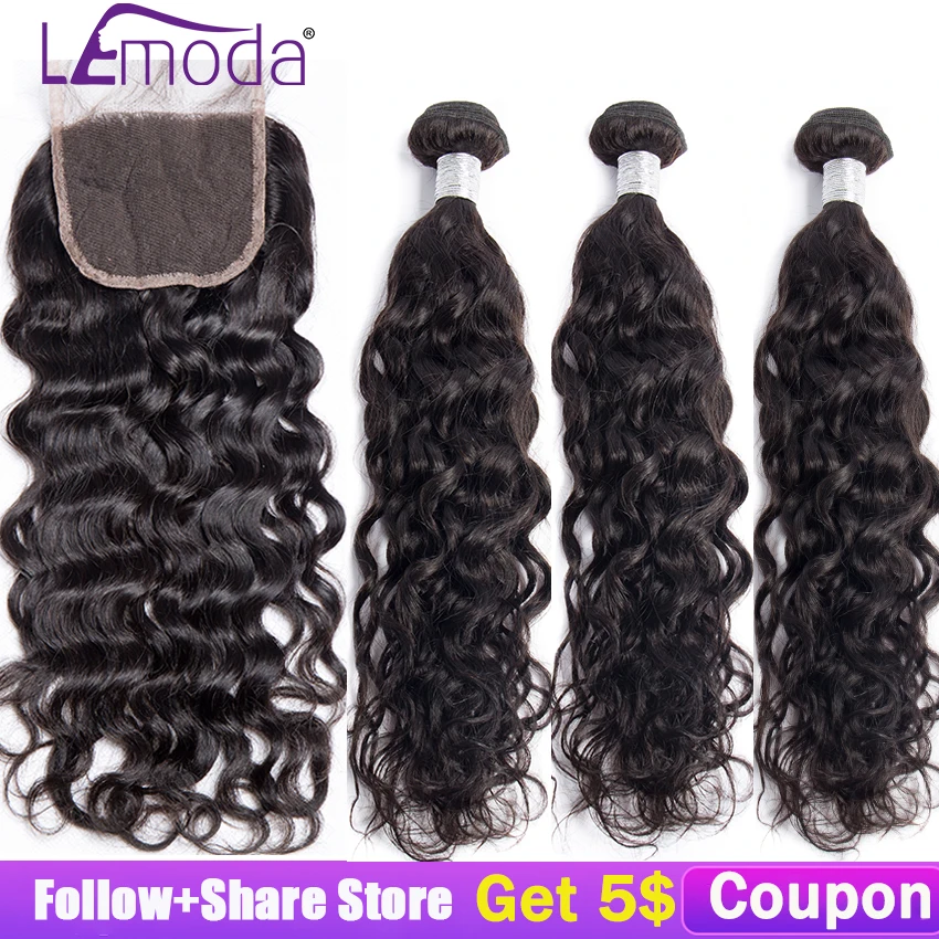

Malaysian Water Wave Human Hair Bundles With Closure 3 or 4 Bundles With Closure LeModa Remy Hair Extensions Middle Free Closure
