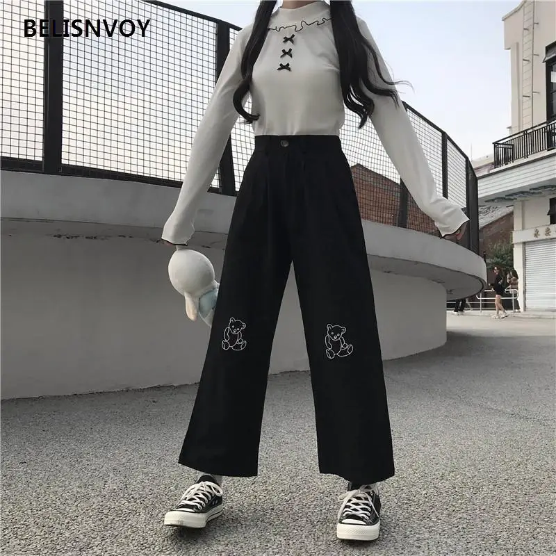 Японские Свободные мешковатые штаны Kawaii с вышивкой медведя повседневные женские