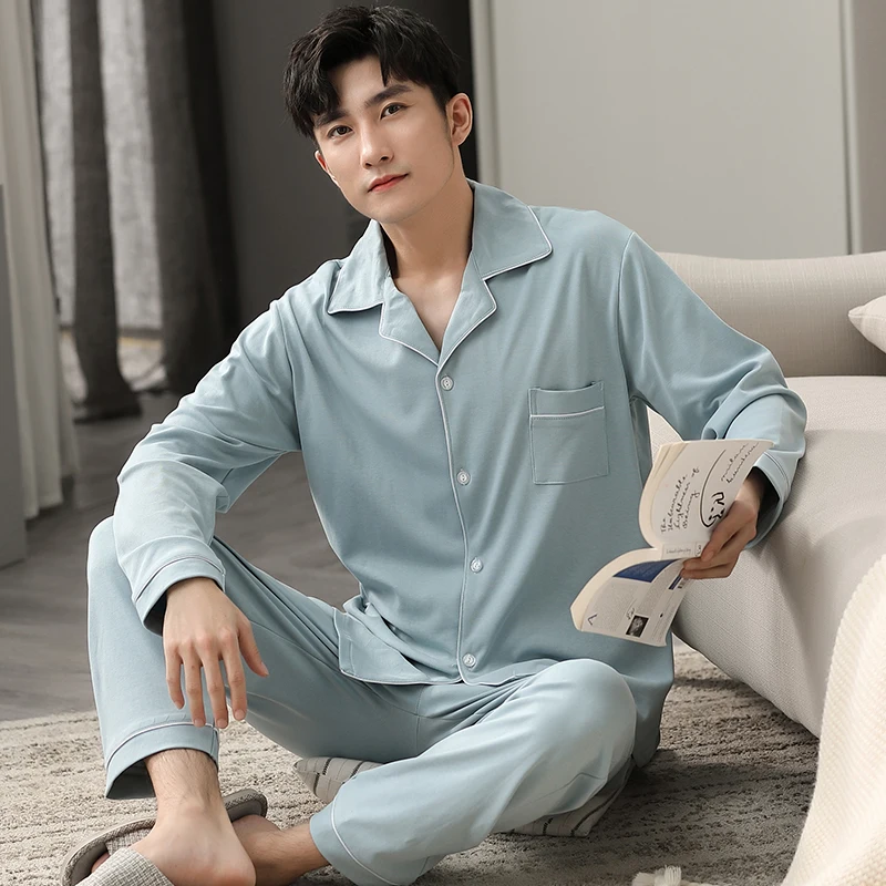Winter Pure Cotton Pajamas for Men Solid Pyjamas 2 Pcs Suit Man's Home Bedroom Clothes Sleepwear 100% Real Cotton High Quality