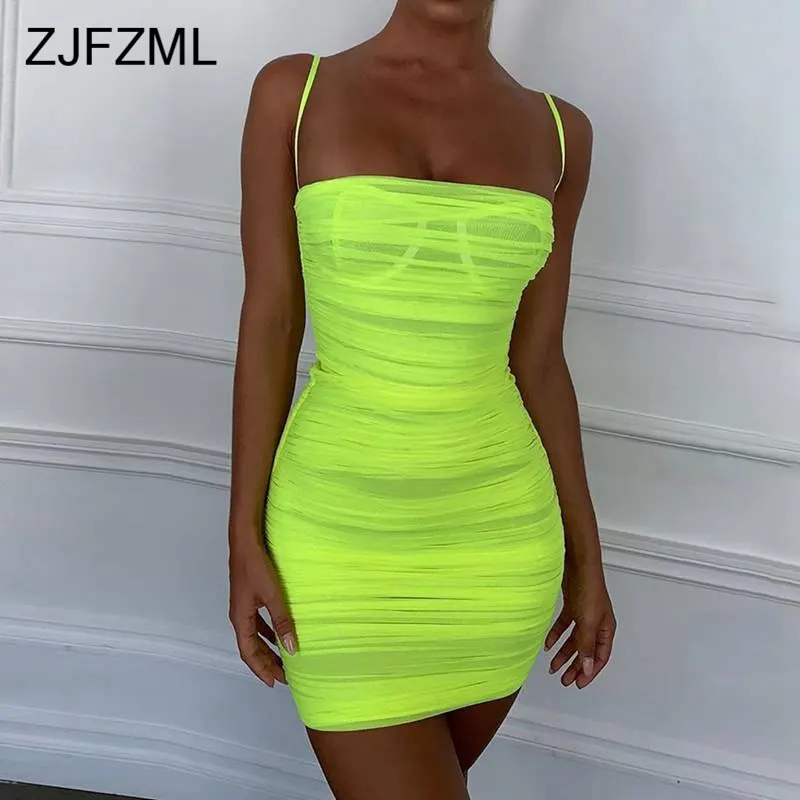 

Sexy Club Neon Green Dress Women Spaghetti Strap Backless Bodycon Mesh Dresses Summer Drawstring Ruched Short Package Hip Dress